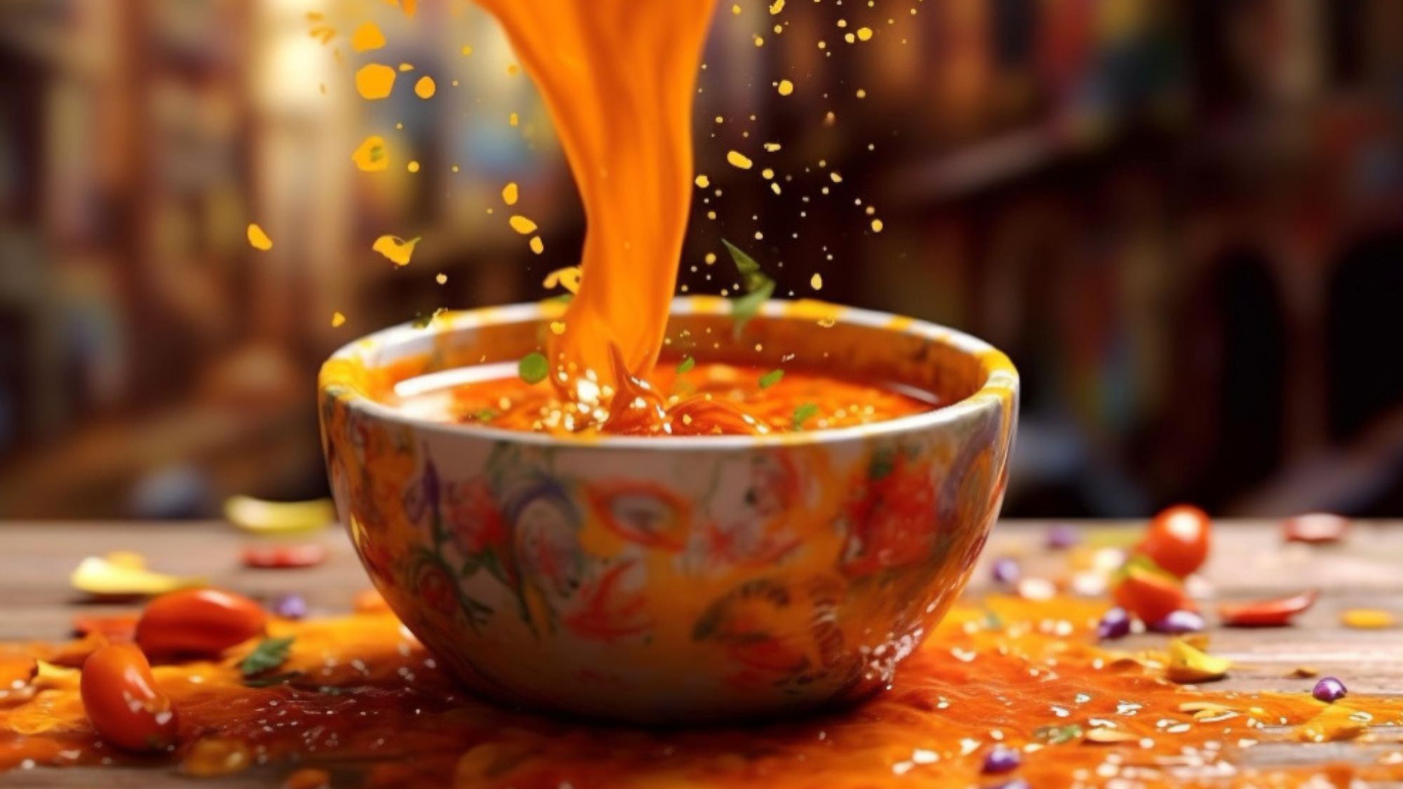 A bowl of delicious Indian curry sauce pouring into it