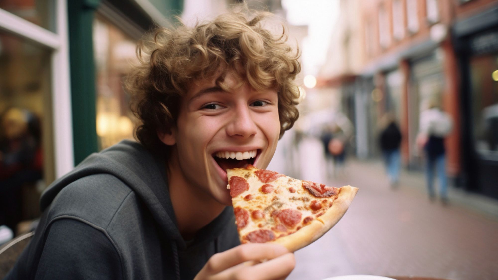 A pizza enthusiast relishing a slice, embodying the essence of a foodie lifestyle