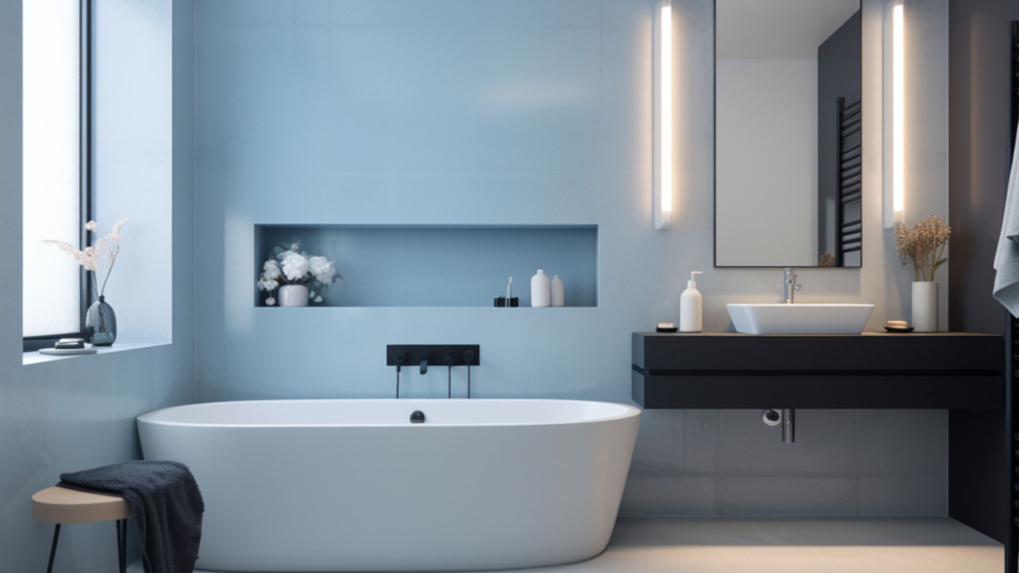 Luxury bathroom with white walls and a sleek black bathtub and perfect lighting